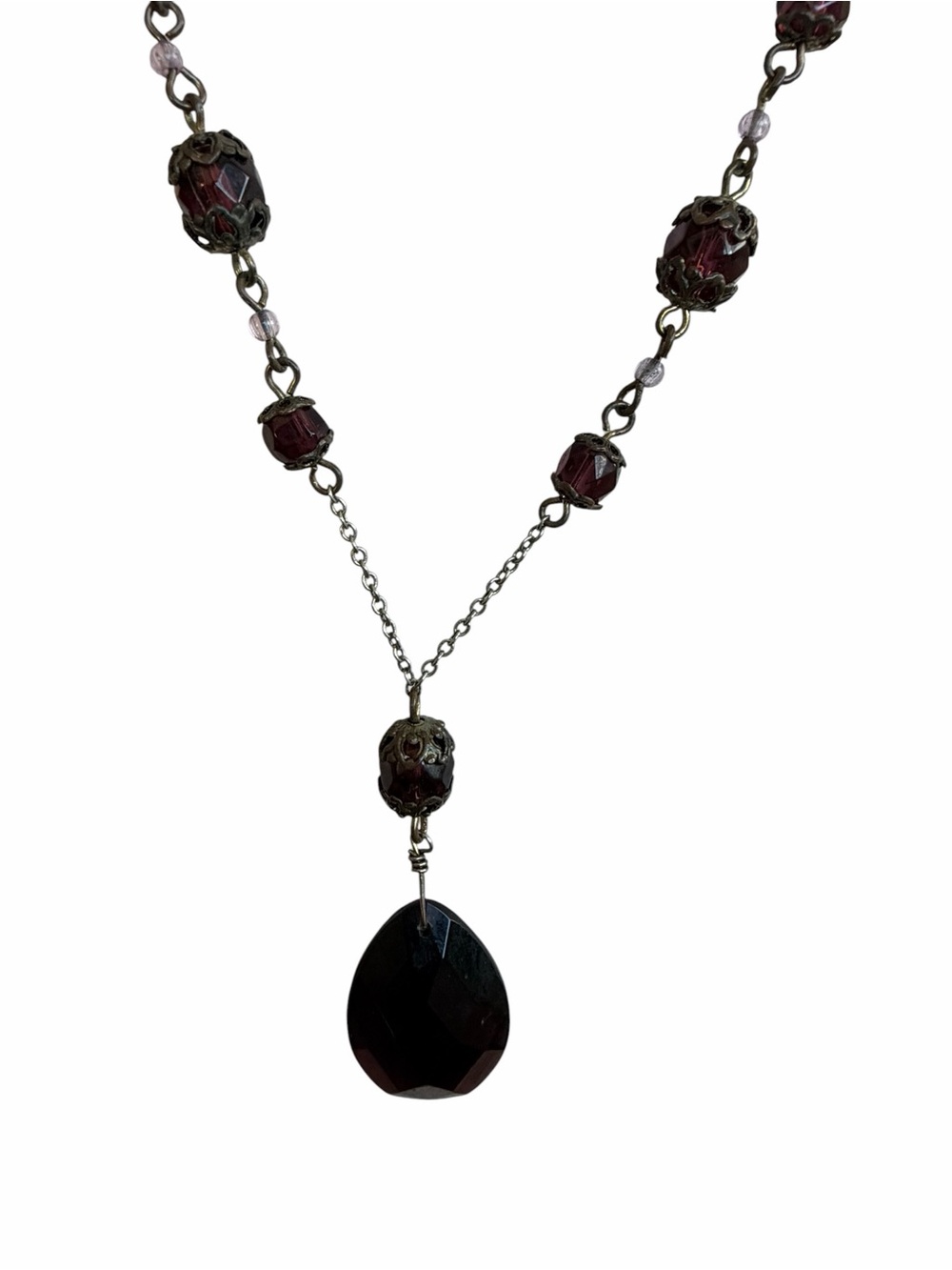 Vintage-Style Dark Garnet colored Teardrop Pendant Necklace 16” plus 4” extender